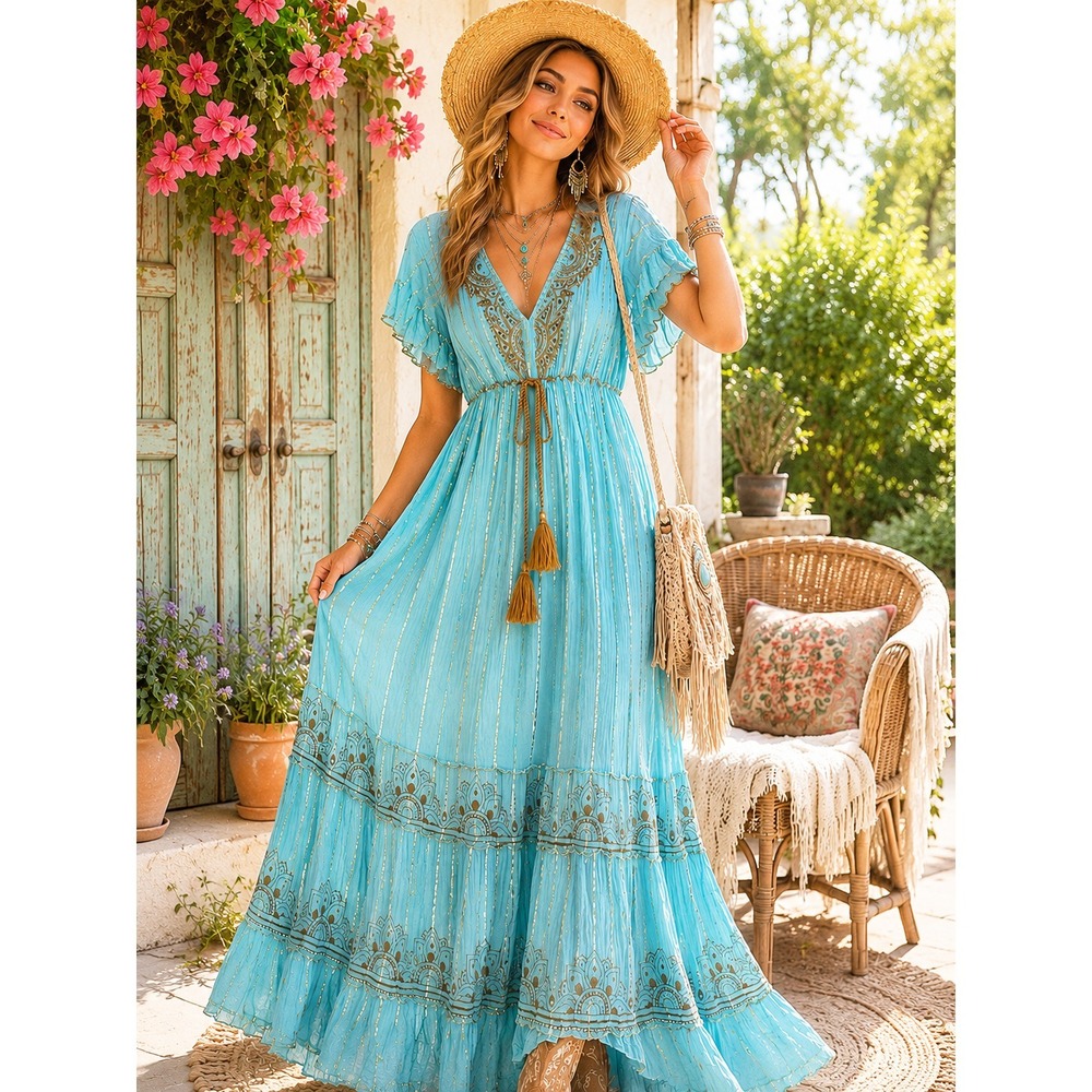 Zury Bohemian Prairie Maxi Dress Free Size Blue Cotton Gauze Beaded Festival